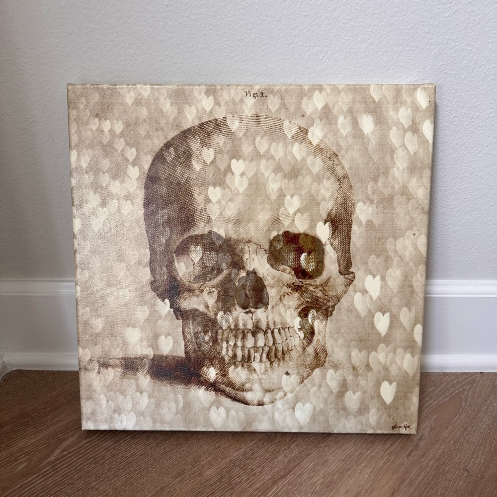 Oliver Gal Sepia Skull with Heart Bokeh Canvas